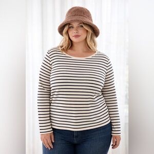 L L Bean Cream & Navy Striped Long Sleeve Top Plus Size 2X